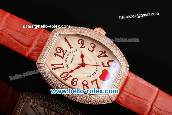 Franck Muller Heart Swiss Quartz Rose Gold Case with Red Leather Strap Diamond Bezel and White Dial - ETA Coating - Click Image to Close